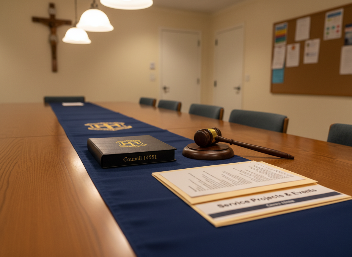 An orderly meeting table setup inside a parish hall, featuring a navy-blue table runner with a subtle embroidered Knights of Columbus emblem, a leather-bound agenda book embossed with “Council 14551,” and a neatly arranged wooden gavel resting on a small sound block. A simple open folder labeled “Service Projects & Events” lies nearby, with visible but non-readable text. Overhead warm pendant lighting casts even, comfortable illumination, creating soft reflections on the polished table surface. The background shows a softly blurred crucifix on the far wall and a bulletin board with indistinct notices, keeping focus on the council materials. Captured from a slightly elevated, diagonal angle with moderate depth of field, the image exudes professionalism, organization, and purpose in a clean, realistic photographic style for an events or leadership page.