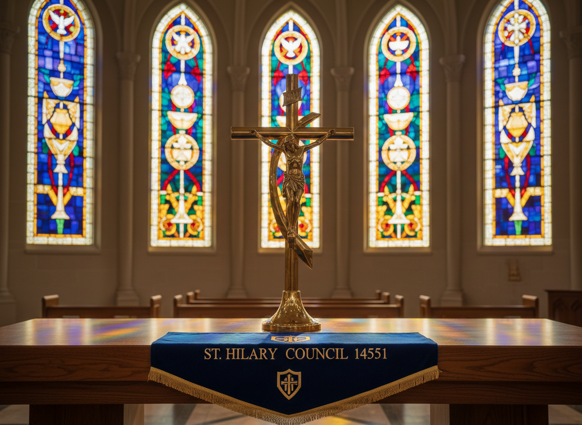 A polished wooden altar adorned with an ornate brass crucifix and a neatly folded deep-blue Knights of Columbus council banner reading “St. Hilary Council 14551,” positioned at the center. Behind it, stained-glass windows in rich jewel tones depict abstract Christian symbols, softly blurred. Warm afternoon sunlight streams through the glass, casting gentle colored reflections across the altar surface and banner fabric. The scene is shot at eye level with a slightly wide angle, maintaining sharp focus on the crucifix and banner while allowing the sanctuary background to fall into a subtle bokeh. The mood is reverent, professional, and welcoming, rendered in clean photographic realism suitable for a Catholic service organization’s homepage hero image.