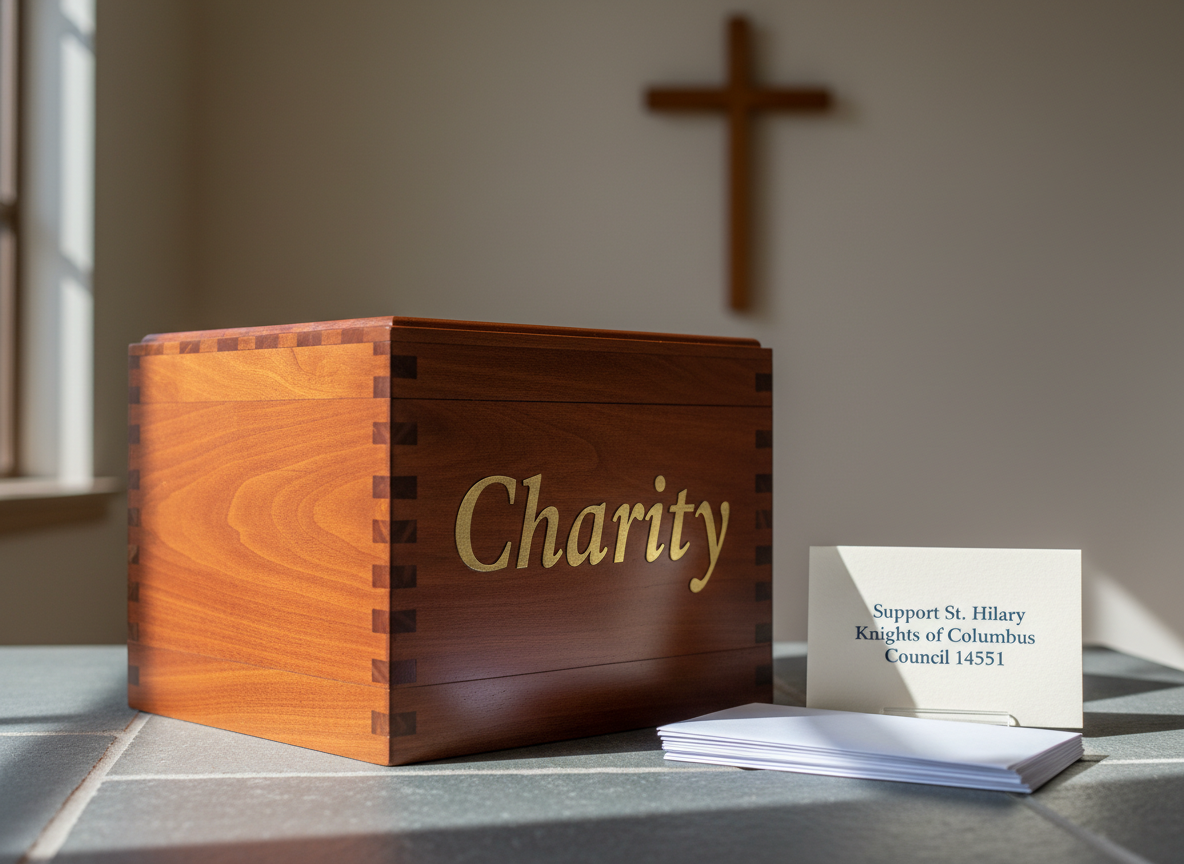 A meticulously arranged wooden collection box labeled “Charity” in elegant gold lettering, placed on a smooth stone table inside a quiet church narthex. Next to it lies a neatly stacked set of donation envelopes and a subtle card printed with “Support St. Hilary Knights of Columbus Council 14551.” Soft, diffused natural light from an unseen side window illuminates the box, creating gentle shadows that highlight its carved edges and warm wood grain. In the softly blurred background, a simple cross on the wall adds context without distraction. Shot at an eye-level, three-quarter angle with a moderate depth of field, the composition feels calm, trustworthy, and inviting, presented in realistic, professional photographic style for use on a donations or giving page.