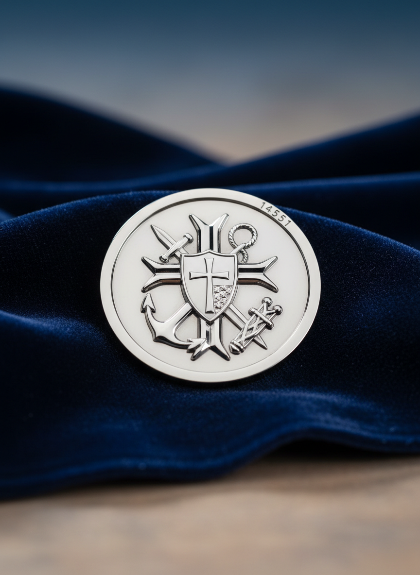 A close-up of a gleaming silver Knights of Columbus emblem medallion resting on a dark navy velvet cloth, with the council number “14551” engraved discreetly along the edge. The metal surface shows finely detailed engravings of the sword, anchor, and fasces, catching highlights from soft, directional studio lighting. The velvet’s rich texture contrasts with the crisp, reflective metal, while the background fades into a gently blurred gradient of deep blues and warm neutrals. Captured from a slightly elevated angle with shallow depth of field, the composition centers the emblem for a bold, dignified look. The photographic style is crisp and professional, ideal for representing identity, membership, and fraternity.